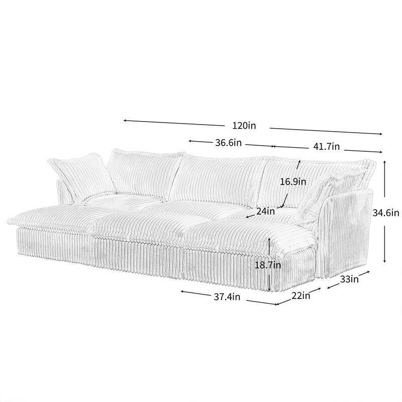 120" Corduroy 3-Seater Sofa Set with 3 Ottomans, Sleeper Function & Removable Slipcovers