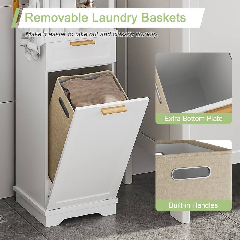 VECELO Tilt Out Laundry Hamper Cabinet with Laundry Baskets Hamper Bathroom Storage Cabinet Laundry Cabinet with Drawer