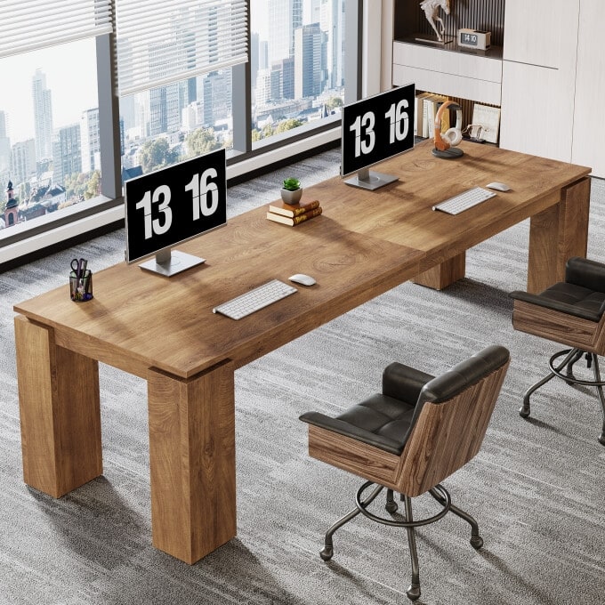 86-Inch Wood Two Person Desk, Modern Double Computer Desk - Brown