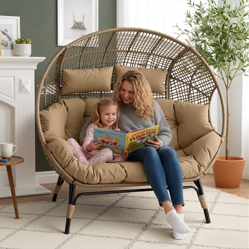 FINCATI 2-Person Indoor/Outdoor Wicker Egg Chair Loveseat, 57.1-in Wide, 6.5-in Cushion, 680-lb Capacity