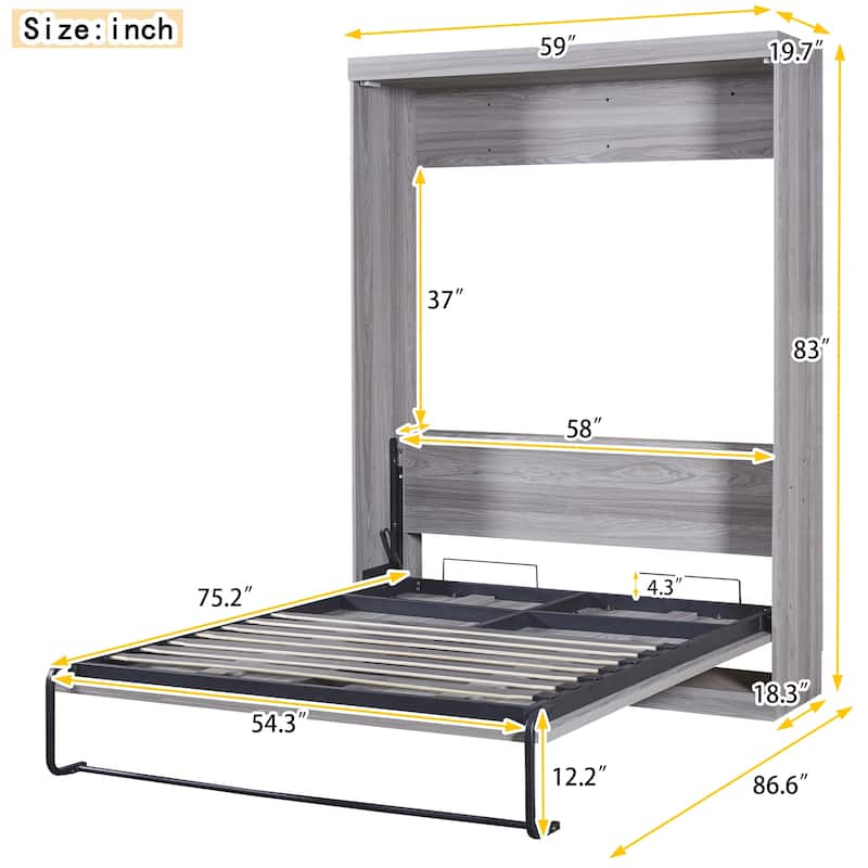 Grey MDF and Metal Murphy Bed - Full Size, Space-Saving Foldable Cabinet