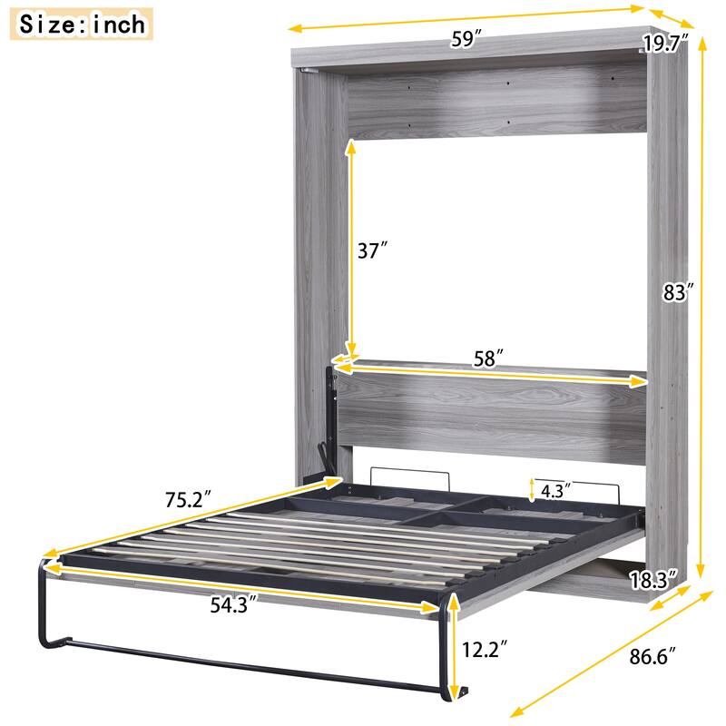 Roomfitters Twin/Full Murphy Bed with Foldable Cabinet Design and Compact Wall-Mounted Frame, Grey