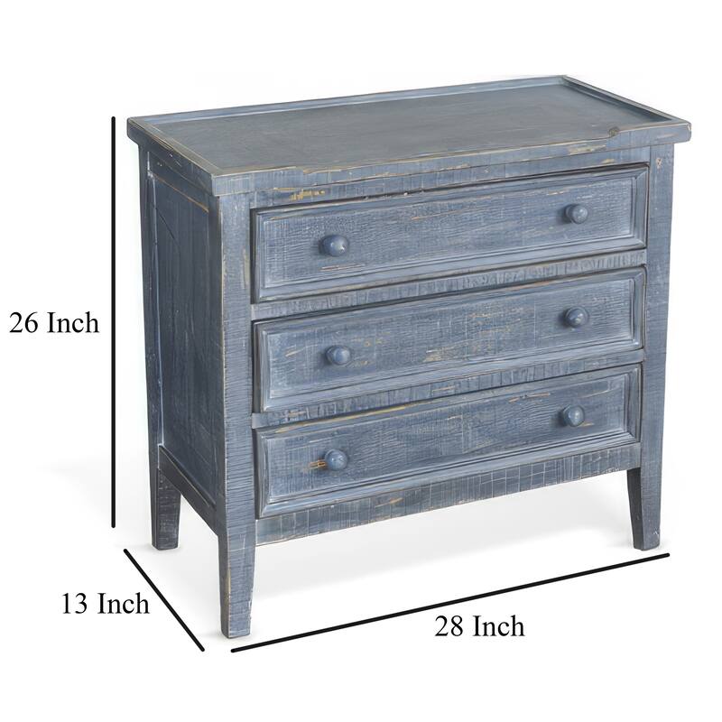 Rena Side End Table with 3 Drawers, 28 Inch Rustic Blue Mahogany Wood