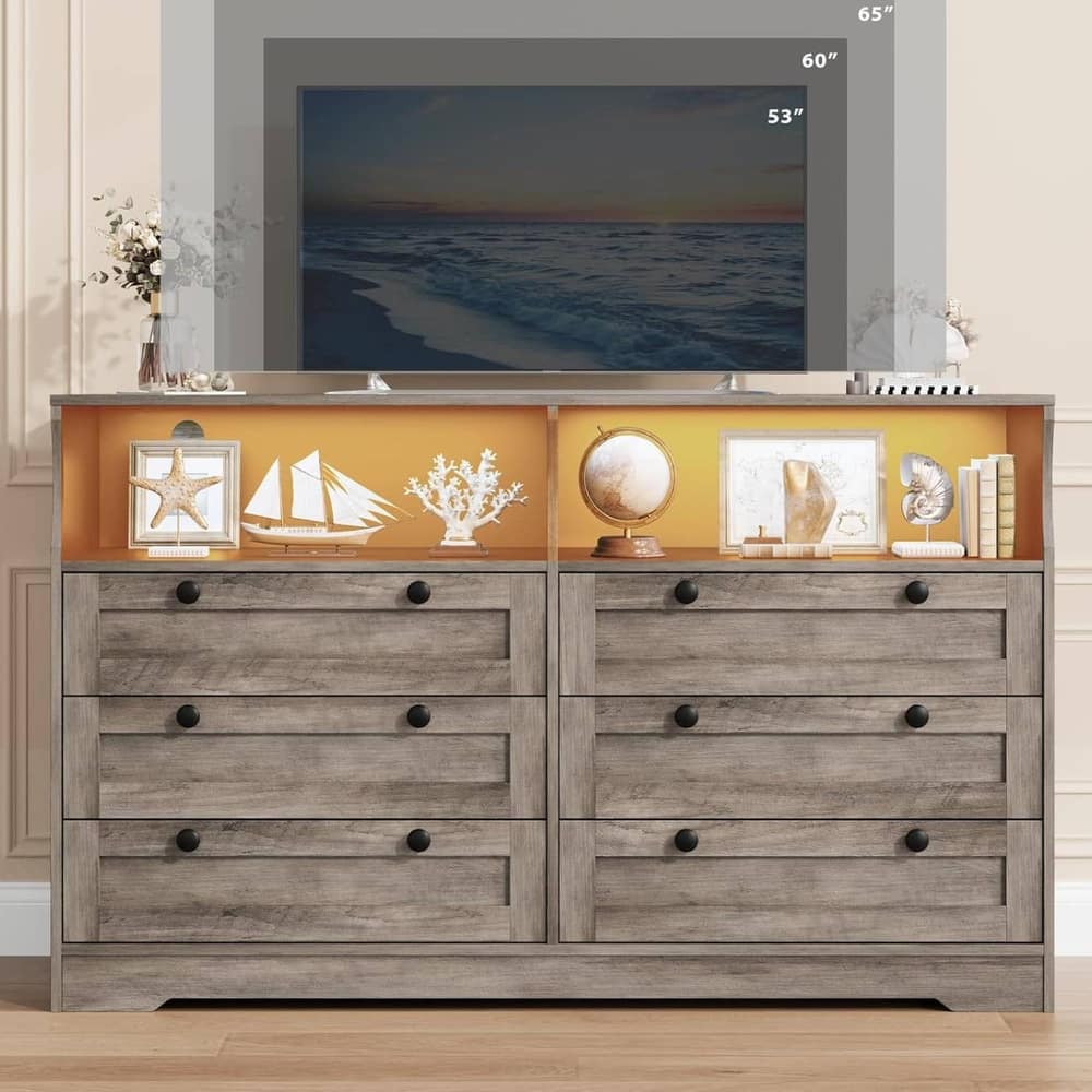 Modern 6 Drawer Dresser for Bedroom with Power Outlet and LED Light