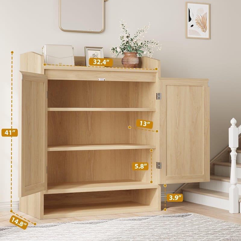 Rattan Shoe Cabinet with 2 Doors, 5-Tier Wooden Shoe Storage Organizer