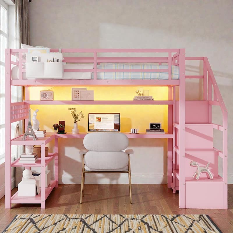 Full Size Metal Loft Bed with Staircase Storage, Wardrobe, L-Shaped Desk, Shelves, LED Lights and USB Charging Station