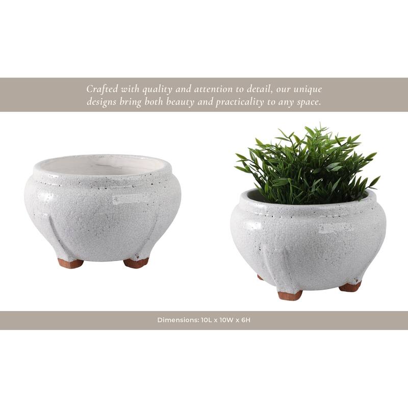 Terracotta Planter Crackled Glaze Round Footed Design - 6" White - 10" x 10" x 6"