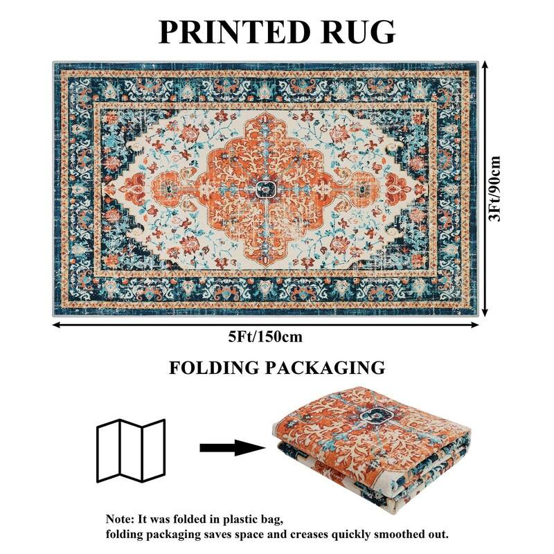 Boho Vintage Area Rug Machine Washable Low Pile Soft Floor Carpet