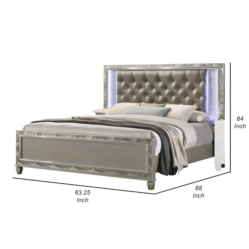 Bet Queen Bed, Silver Faux Leather Upholstery, LED, Crystal Accents, Brown