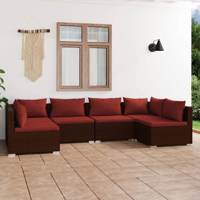 vidaXL 7 Piece Patio Lounge Set with Cushions Poly Rattan Brown - 27.6" x 27.6" x 24" - 27.6" x 27.6" x 24" - Brown/Cinnamon red 6 x Seat cushion