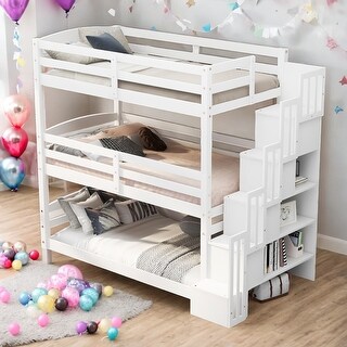 3 Beds In 1 Twin Size Triple Bunk Bed With Storage Staircase,Separate Design for Bedroom