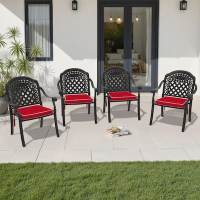 Black Stackable Cast Aluminum Patio Outdoor Dining Chairs With Seat Cushions