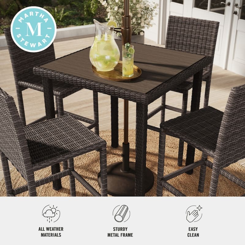 Martha Stewart Outdoor Rattan Wicker Patio Bar Table with Engineered Wood Top - 37"W x 37"D x 41"H