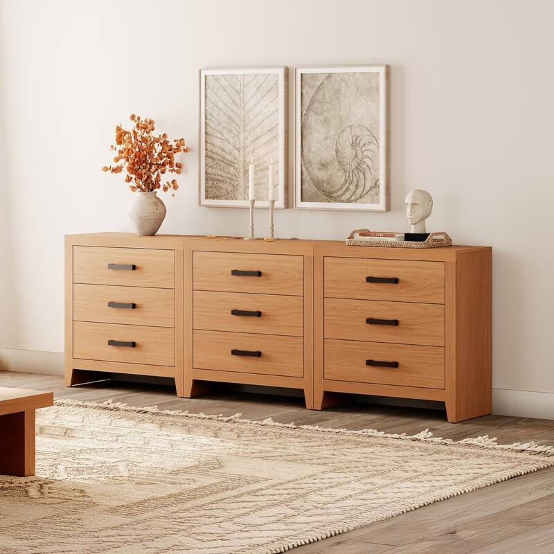 WAMPAT Farmhouse 3-Drawer Dresser, Wooden Chest of Drawers, Modern Storage Organizer & Nightstand for Bedroom, Living Room - Mocha - 9-drawer