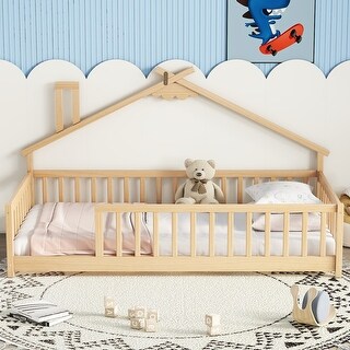 Twin House-Shaped Bedside Floor Bed w/Guardrails and Slats - Natural