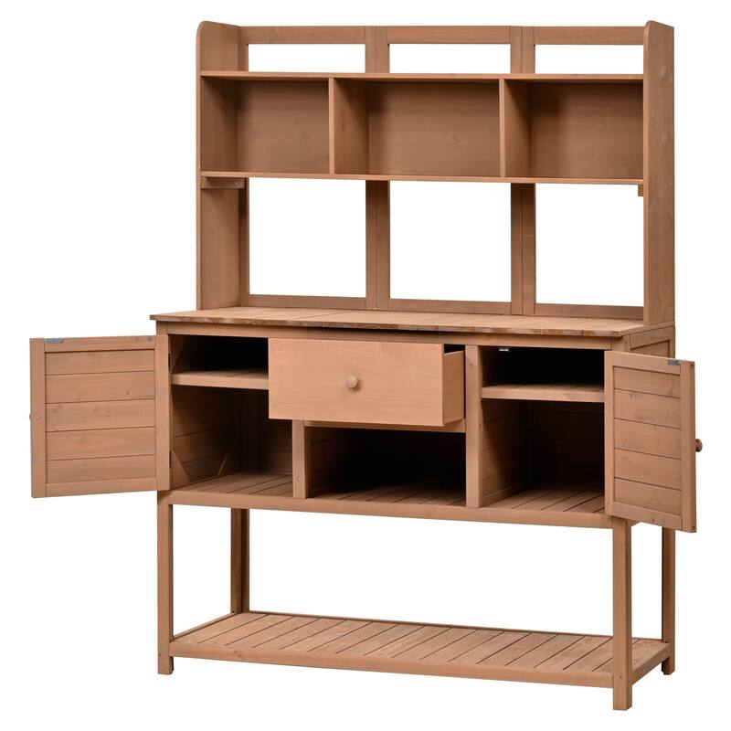 Solid Fir Wood Potting Bench Garden Workstation with Hutch, Drawer & Adjustable Shelves, Outdoor Garden Work Table