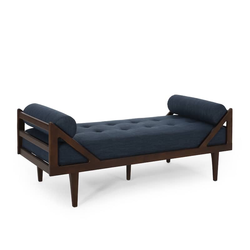 Navy Blue Modern 65" Button Tufted Chaise Lounge Chair with Bent Wood Desing and Rolled Accent Pillows