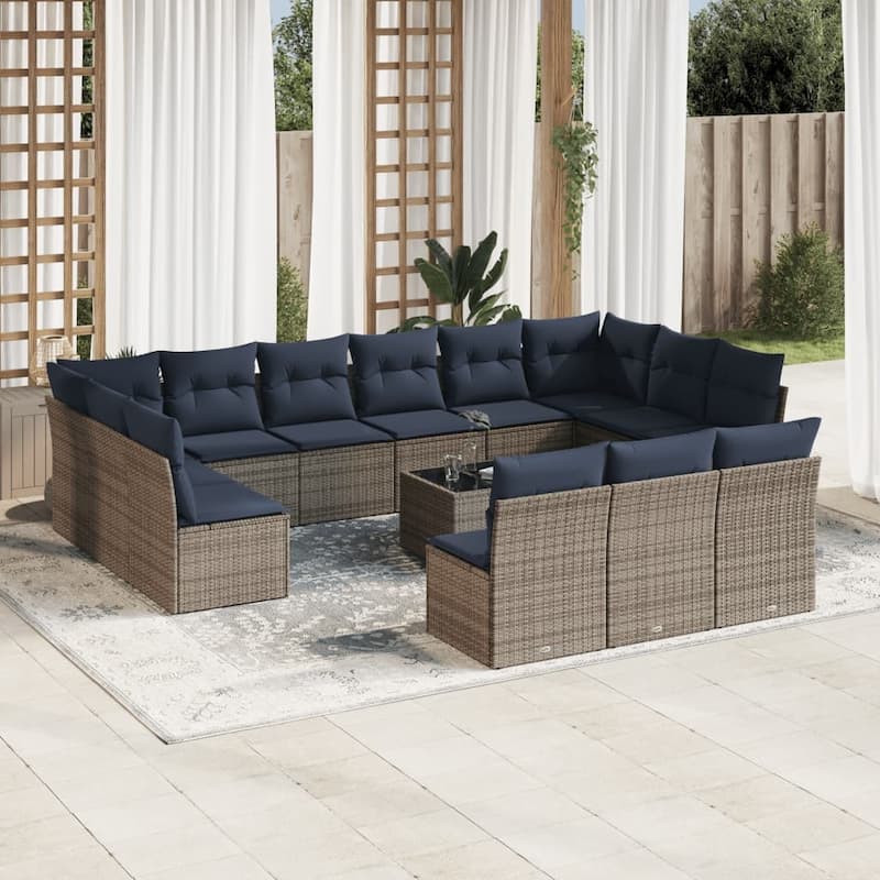 vidaXL Patio Sofa Set with Cushions Outdoor Conversation Furniture Poly Rattan - 21.7" x 24.4" x 27.2" - Beige and gray with table