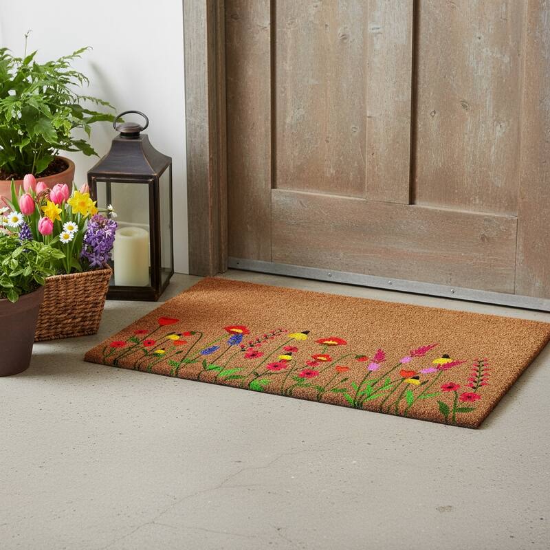 HomeRoots 17" X 29" Brown Red And Green Floral Outdoor Coir Door Mat - 17.00' X '29.00 - 17.00' X '29.00