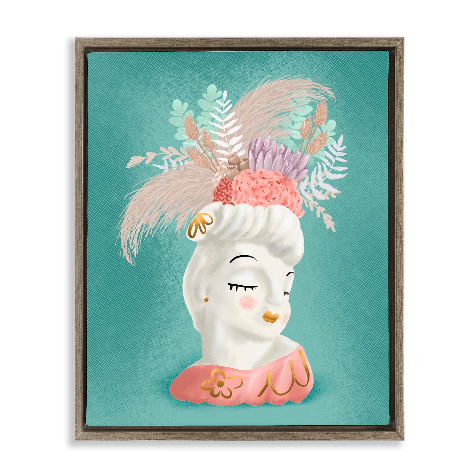 Stupell Vintage Lady with Boho Flowers Framed Floater Canvas Wall Art Design By Jilly Jack Designs