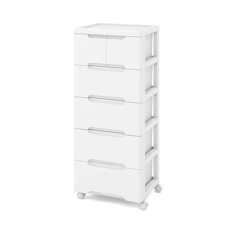 Multi-Drawer White PP Mobile Storage Organizer with Locking Wheels for Bathroom or Kids Room - 6-Drawer