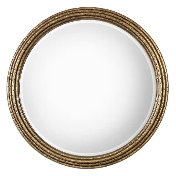 slide 2 of 2, Uttermost Spera 42" Round Urban Industrial Wall Mirror with Antiqued Gold