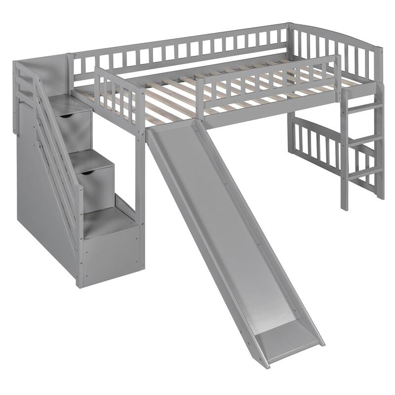 Stairway Twin Size Loft Bed with Two Drawers and Slide, Solid Wood Frame, Convertible Ladder, and Storage Space