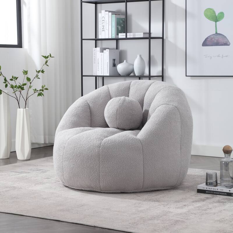 HOMEFUN Boucle Upholstered Round Lazy Cozy Bean Bag Chair With a Pillow - Grey