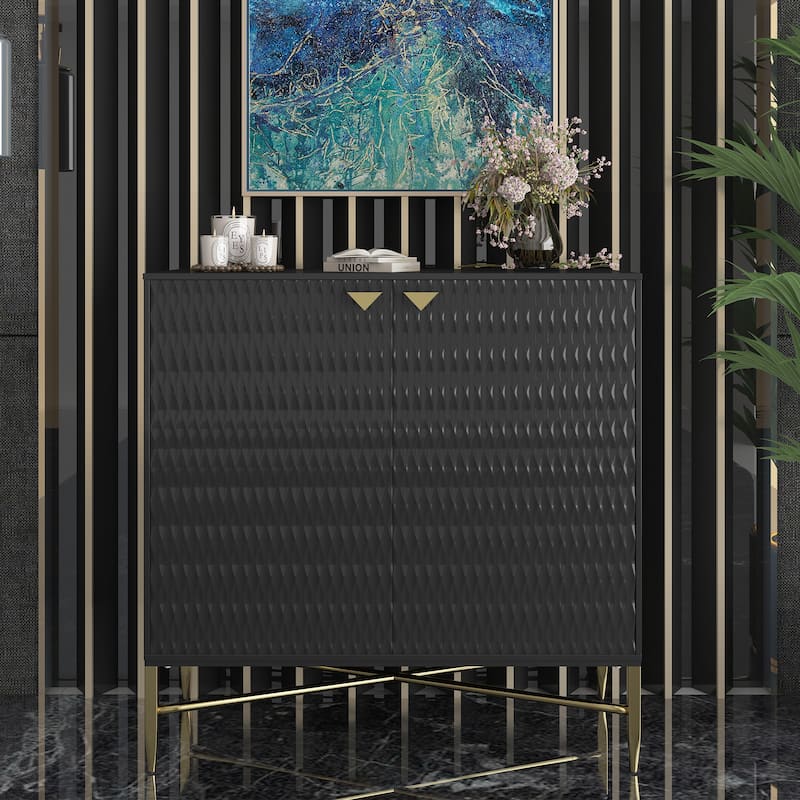 Accent Cabinet with Raised Diamond Pattern, Storage Cabinet with Brass X-Tapered Legs, Buffet with Adjustable Shelves