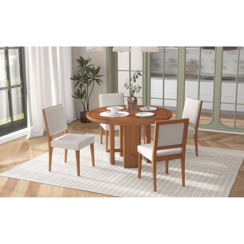 Roomfitters Farmhouse Round Dining Table Set, 4 Solid Wood Upholstered Chairs, 5-Piece Kitchen Furniture