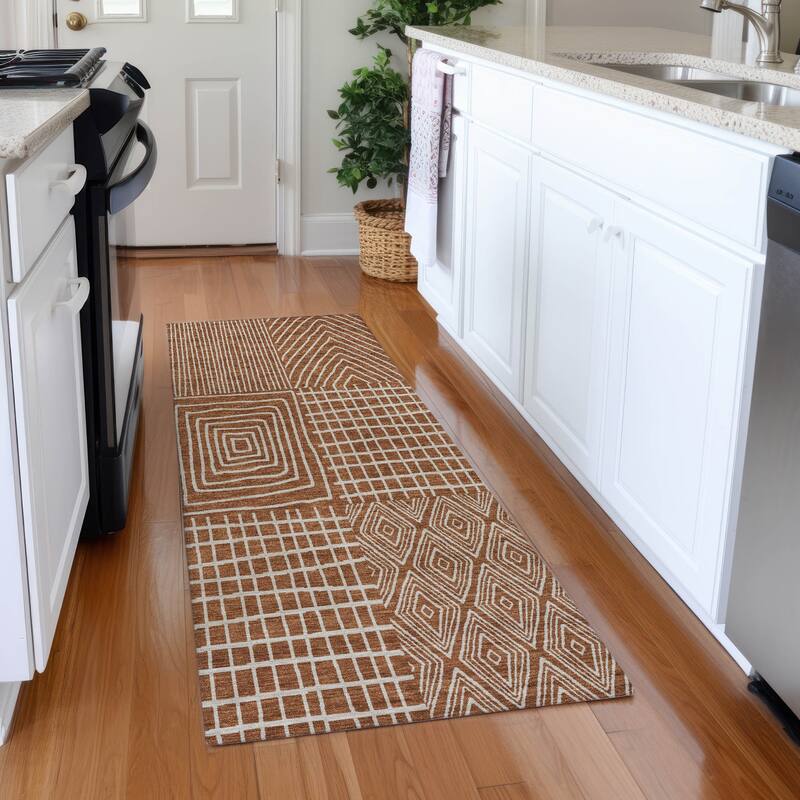 Machine Washable Indoor/ Outdoor Geo Patchwork Chantille Rug - Paprika - 2'3" x 7'6"