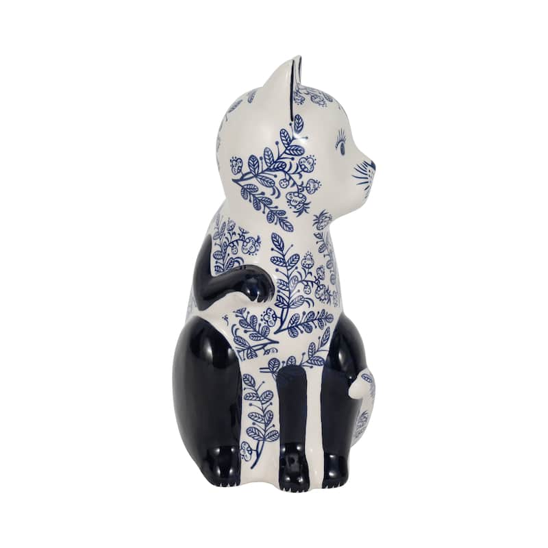 Ceramic Cat Sculpture Contemporary Vintage Style Chinoiserie Blue and White Floral Cat Statue Cat Lover