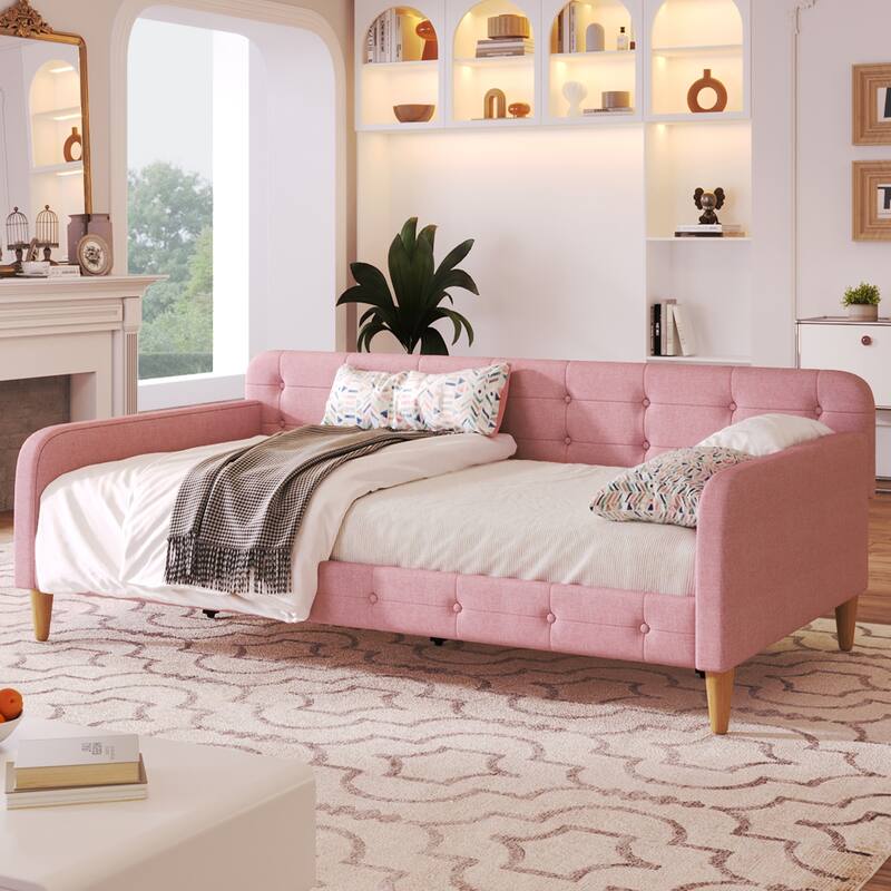 Modern Twin Size Daybed Bed Frame, Linen Upholstered Platform Bed with Wood Slatted and Button Backrest Headboard