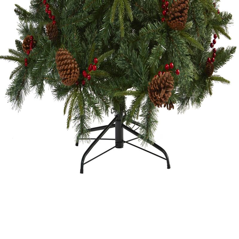 Southwestern Artificial Christmas Tree - 7.5ft Pine Tree with Clear Lights, Pine Cones & Berries - Holiday Decor - Green - 90