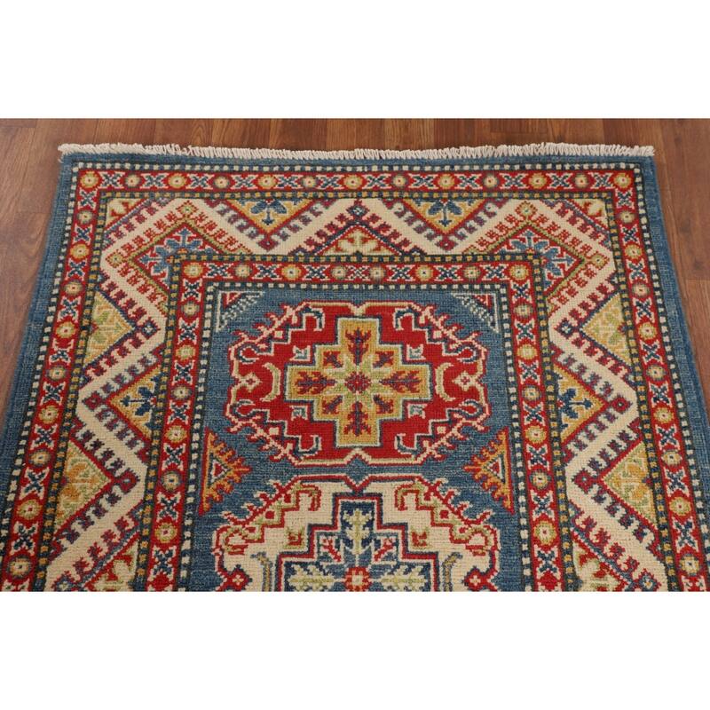 Blue Geometric Kazak Foyer Rug Hand-Knotted Traditional Wool Carpet - 2'10" x 4'1"