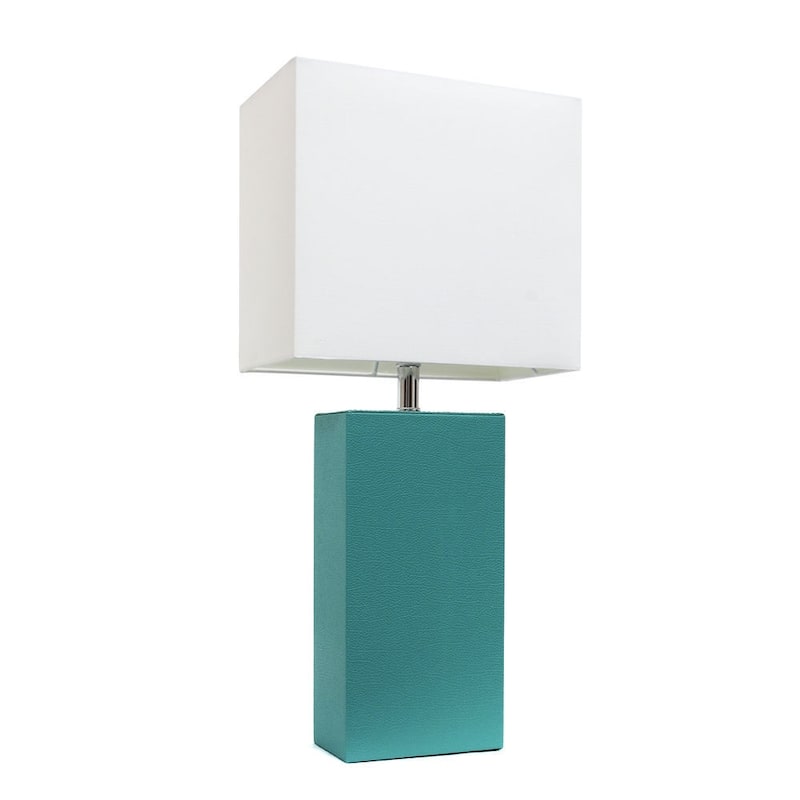 Leather Table Lamp with Square Shade - 21" - White and Teal