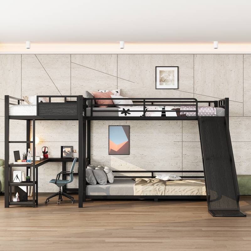 L-Shaped Metal Bunk Bed (Top bed:Full/FullXL, bottom bed: Queen) with Twin XL Loft Bed, Desk, Metal Triple Bunk Bed