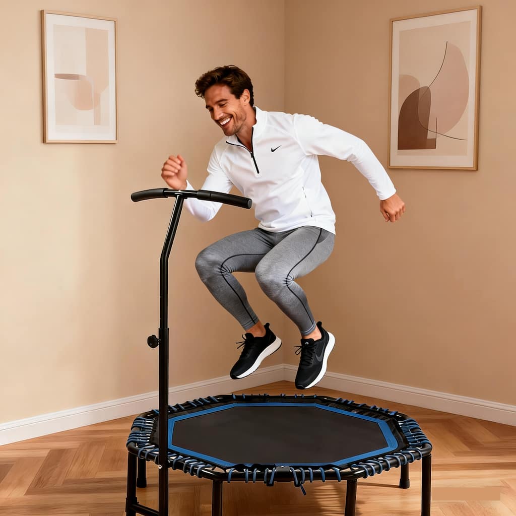 48"Foldable Fitness Trampoline With Adjustable Handlebar for Adults, Max Load 450lbs,With Durable Bungee Ropes,Stable & Quiet