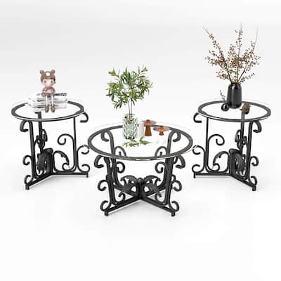 3 Piece Tempered Glass Surface Coffee Table Set, Decor Coffee Table Round End Side Table with Sturdy Construction