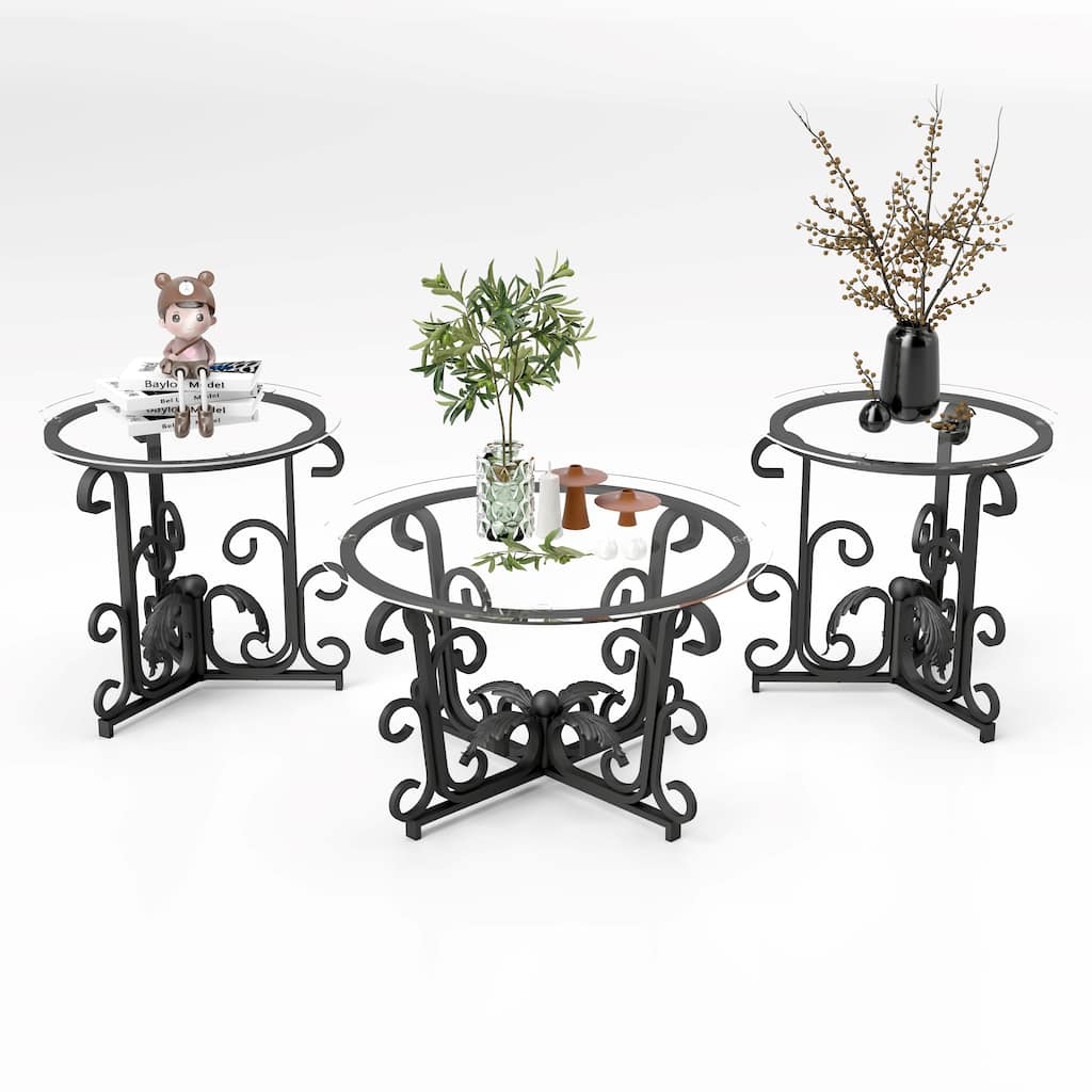 3 Piece Tempered Glass Surface Coffee Table Set, Decor Coffee Table Round End Side Table with Sturdy Construction