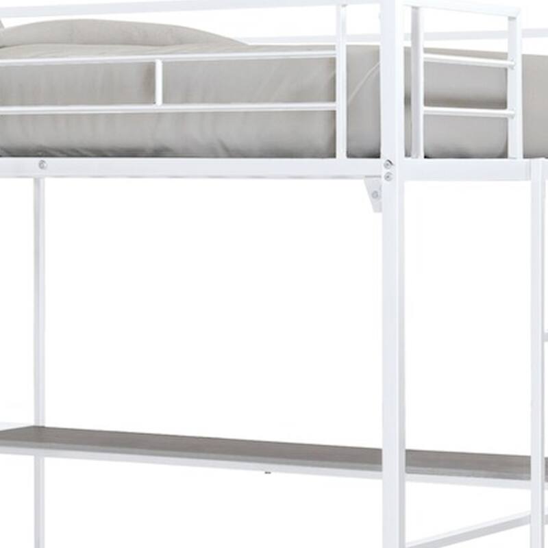 Dexo Twin Loft Bed with Built in Workstation and Ladder, White Metal