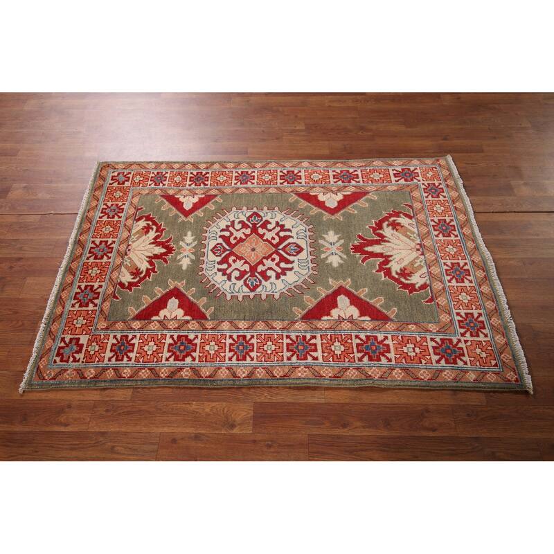 Geometric Kazak Oriental Foyer Rug Handmade Wool Carpet - 3'2" x 4'9"