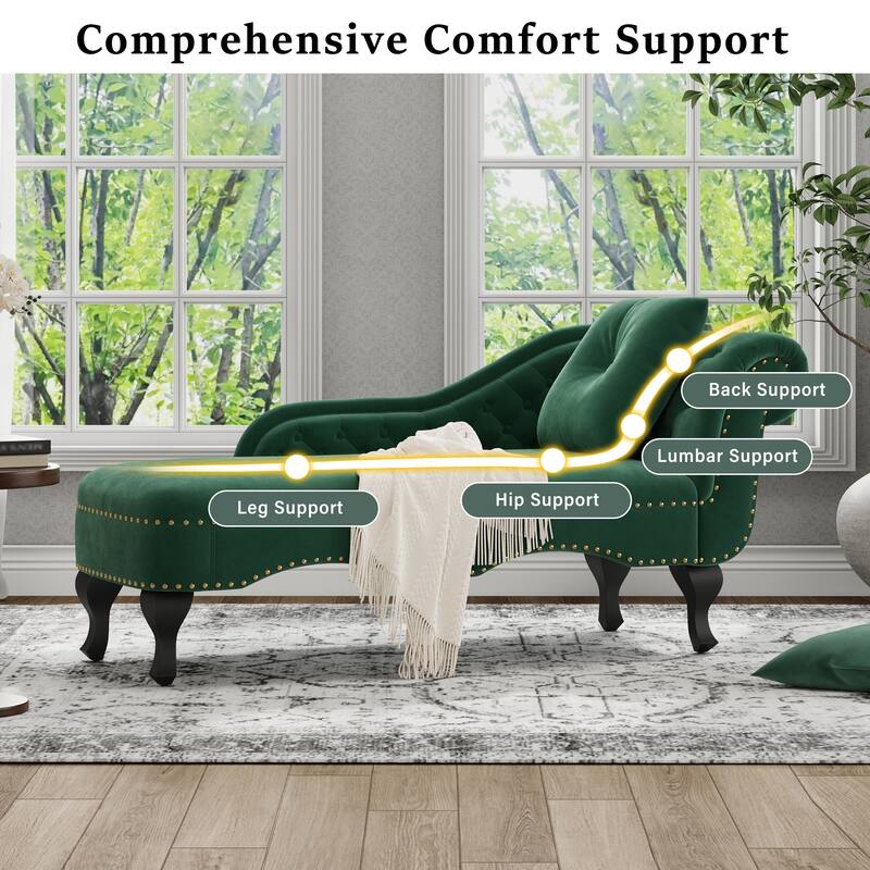 Christopher Knight Home - Bressi Modern Velvet Upholstered Chaise Lounge with Tufted Backrest, Nailhead Trim & Pillow