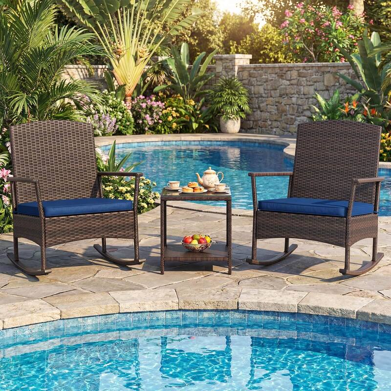 Costway 3 Piece Patio Rocking Set Wicker Rocking Chairs with 2-Tier - See Details