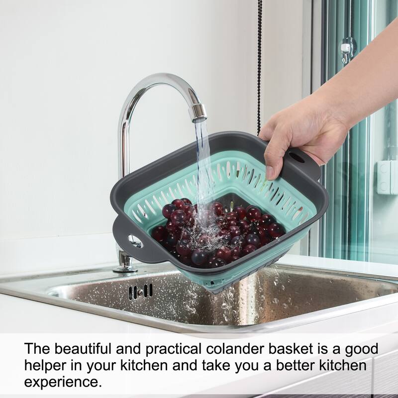 2pcs Foldable Silicone Colander Fruit Vegetable Washing Basket - Grey+Green