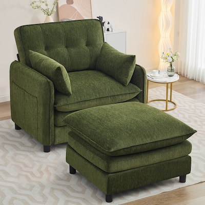 Upholstered Chenille Oversized Accent Armchairs with Ottoman and Side Pocket