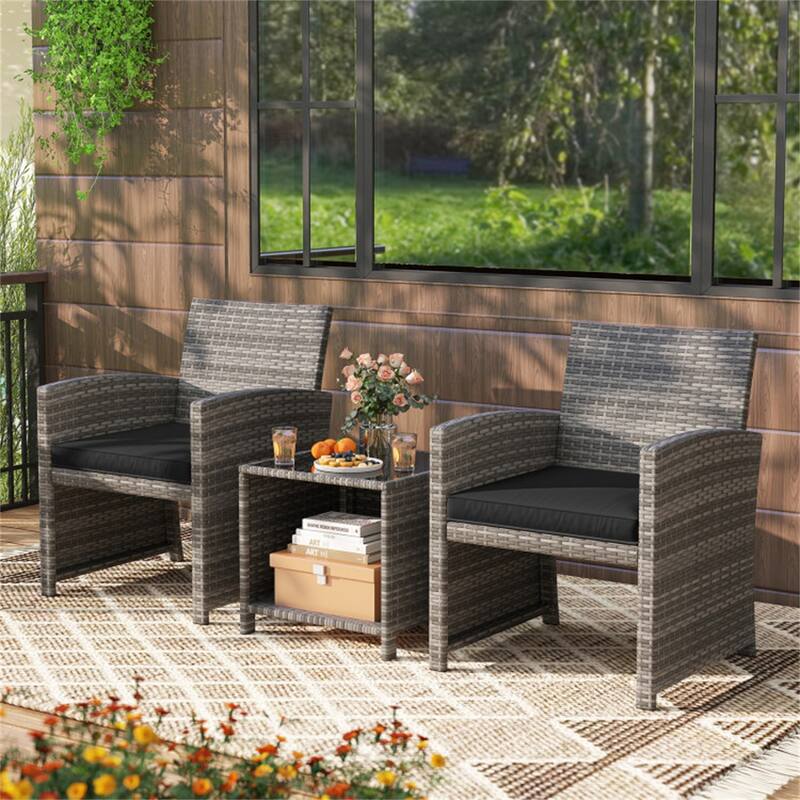 2-Piece Rattan Bistro Set with Comfortable Cushions and Tempered Glass Table Outdoor Patio - Table: 18" × 18" × 17"