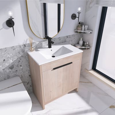 Freestanding Plywood Bathroom Vanity Set in Plain Light Oak with Integrated Sink