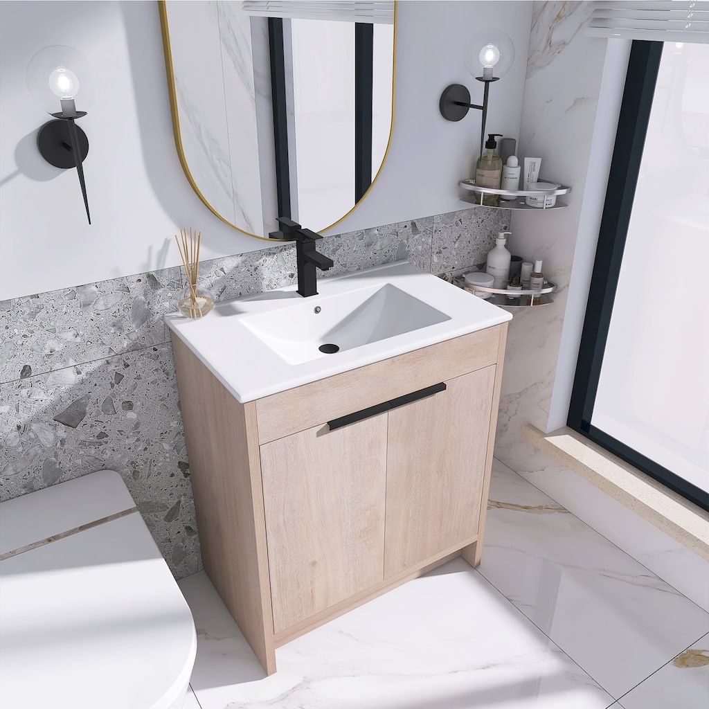 Freestanding Plywood Bathroom Vanity Set in Plain Light Oak with Integrated Sink