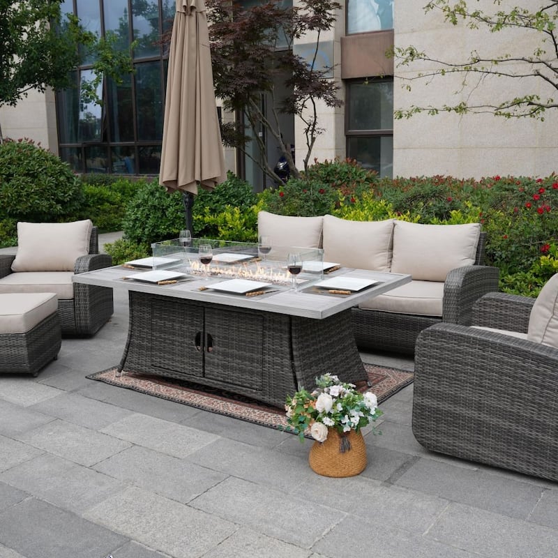 5-Piece Outdoor Wicker Sofa Set with Aluminum Firepit Table
